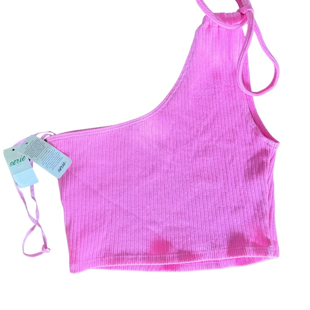Aerie Pink Ribbed One-Shoulder Tie Strap Crop Top XS NWT